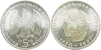 ФРГ 5 марок 1970 F. 200 лет со дня рождения Людвига ван Бетховена KM 127, J. 408 серебро UNC 87-1031