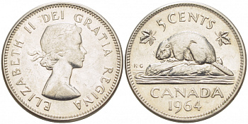 КАНАДА 5 ЦЕНТОВ 1964 БОБЕР, ЕЛИЗАВЕТА II KM 57 никель 4539-753