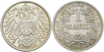 Германия 1 марка 1911 F Weege 18, J. 17, KM 14 серебро aUNC 413-5115
