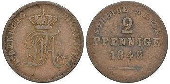 Ольденбург для Биркенфельда 2 пфеннига 1848 медь 4174-1026