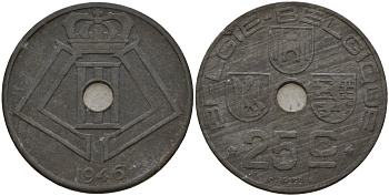 Бельгия 25 сантимов 1946 Belgie - Belgique, Леопольд III (1934-1947), германская оккупация, Вторая мировая война KM 132 цинк 4157-712