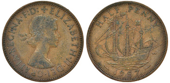 Великобритания 1/2 пенни 1957 Елизавета II (1952-2022) KM 896, Spink 4158 бронза 72-133