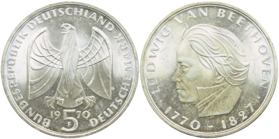 ФРГ 5 марок 1970 F. 200 лет со дня рождения Людвига ван Бетховена KM 127, J. 408 серебро UNC 87-1031