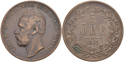 Швеция 5 эре 1863/2 Карл XV (1859-1872) KM 707 бронза 4557-434