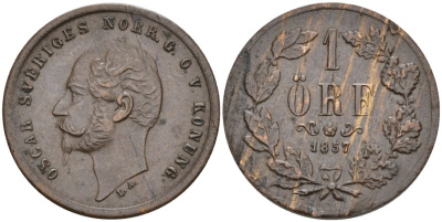 Швеция 1 эре 1857 Оскар I (1844-1859), отслойка на реверсе KM 687 бронза 188-1221