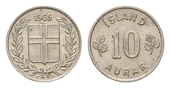 Исландия 10 эйре 1965 KM 10 медно-никель UNC 4690-714