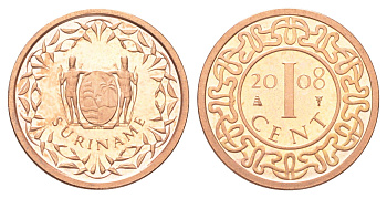 Суринам 1 цент 2008 тираж 1000 экземпляров KM 11b сталь плакированная медью BU 4625-264