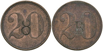 ФРАНЦИЯ 20 САНТИМОВ ND ПЛАТЕЖНЫЙ ЖЕТОН НАЧАЛА XX ВЕКА, ЦИФРЫ НОМИНАЛА 11 ММ., НАДЧЕКАНКА 8 НА АВЕРСЕ, БУКВА В НА РЕВЕРСЕ, ДИАМЕТР 22 ММ. медь 99-537