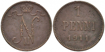 Россия для Финляндии 1 пенни 1911 Николай II (1894-1917) KM 13, Биткин 471 медь 4396-1346