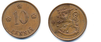Финляндия 10 пенни 1937 республика (1918-1962) KM 24 медь 51-5546