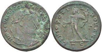 Римская Империя нуммий 302 - 303 Диоклетиан, бюст императора, IMP C C VAL DIOCLETIANVS P F AVG / Гений Римского народа, GENIO POPVLI ROMANI TS, Фессалоника RIC 25а биллон 1073-23-33