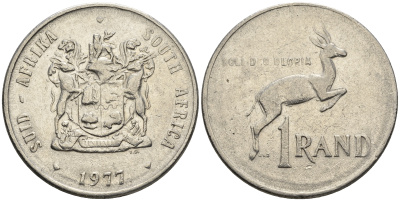 ЮАР 1 ранд 1977 антилопа спрингбок, герб KM 88а никель 3460-443