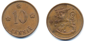 Финляндия 10 пенни 1937 республика (1918-1962) KM 24 медь 51-5546