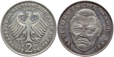 ФРГ 2 МАРКИ 1992 A, ЭРХАРД ЛЮДВИГ КМ 170 J.445 медно-никель плакированный никелем 80-333