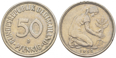 ФРГ 50 ПФЕННИГОВ 1950 D KM 109.1, J. 384 медно-никель 3851-1028