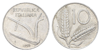 Италия 10 лир 1955 R, плуг, колосья KM 93 алюминий 4704-532