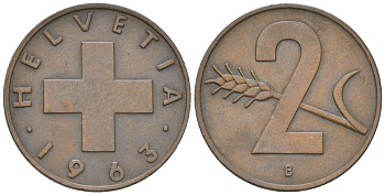 Швейцария 2 раппена 1963 B KM 47 бронза 4115-1146