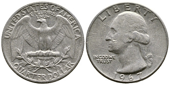 США 25 центов (квотер) 1967 Вашингтон KM 164а медь плакированная медно-никелем 4382-1046