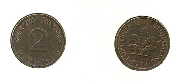 ФРГ 2 пфеннига 1974 J KM 106 сталь плакированная медью    4189-224