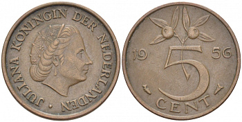 НИДЕРЛАНДЫ 5 ЦЕНТОВ 1956 ЮЛИАНА KM 181 бронза 214-811