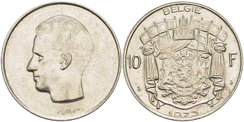 БЕЛЬГИЯ 10 ФРАНКОВ 1973 BELGIE, БОДУЭН I (1951-1993) KM 156.1 никель 38-633
