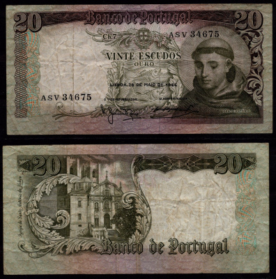Португалия 20 эскудо 1964 Санту-Антониу, церковь Святого Антония Pick 167 b(2) бумага 8604-24-2-2