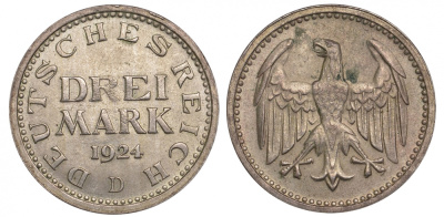 Германия 3 марки 1924 D, Веймарская Республика Weege 19, J. 312, KM 43 серебро aUNC 00-818-37