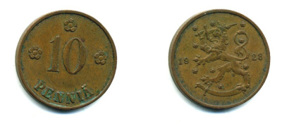 Финляндия 10 пенни 1928 республика (1918-1962) KM 24 медь 46-1616
