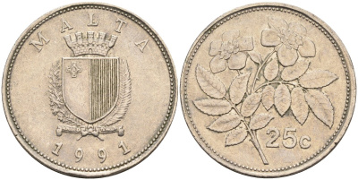 Мальта 25 центов 1991 шиповник вечнозелёный KM 97 медно-никель 186-814