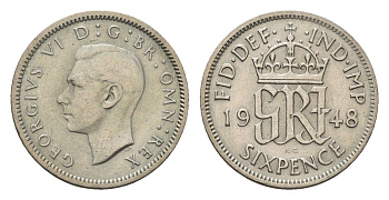 Великобритания 6 пенсов 1948 Георг VI (1936-1952) KM 862, Spink 4105 медно-никель 4651-1052