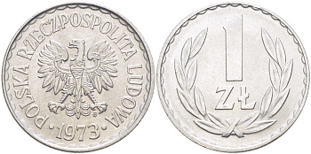 ПОЛЬША 1 ЗЛОТЫЙ 1973 MW KM 49.1, Parchimowicz 213j алюминий UNC 216-823