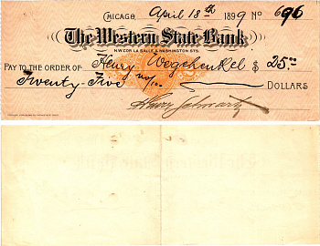 США чек на 25 долларов 1899 The Western State Bank, Чикаго бумага 6287-42-3-1