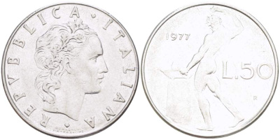 ИТАЛИЯ 50 ЛИР 1977 R, КУЗНЕЦ KM 95.1 нержавеющая сталь 4523-656