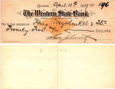 США чек на 25 долларов 1899 The Western State Bank, Чикаго бумага 6287-42-3-1