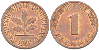 ФРГ 1 ПФЕННИГ 1987 G KM 105, J. 380 сталь плакированная медью 4181-665