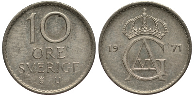 Швеция 10 эре 1971 Густав VI Адольф (1950-1973) KM 835 медно-никель XF- 4181-119