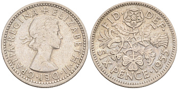 Великобритания 6 пенсов 1955 Елизавета II (1952-2022) KM 903, Spink 4149 медно-никель 192-229