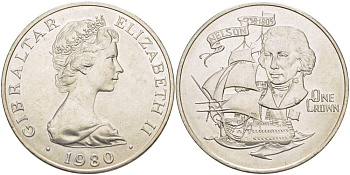 Гибралтар 1 крона 1980 175 лет со дня смерти адмирала Нельсона (1758-1805) KM 12 медно-никель UNC 4527-432