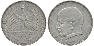 ФРГ 2 марки 1957 F, Макс Планк KM 116, J. 392 медно-никель плакированный никелем 4681-636