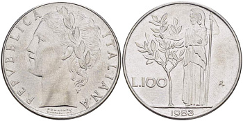 ИТАЛИЯ 100 ЛИР 1983 R, АФИНА, ДИАМЕТР 28 ММ. KM 96.1 нержавеющая сталь 4531-114
