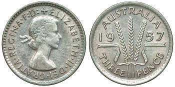 Австралия 3 пенса 1957 m, Елизавета II (1952-2022) KM 57 серебро 71-523