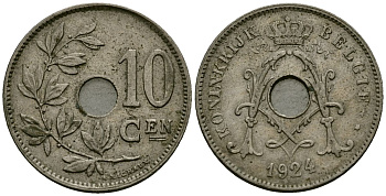 Бельгия 10 сантимов 1924 Belgie KM 86 медно-никель 4172-656