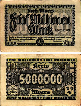 МЁРС 5000000 МАРОК 1923 НОТГЕЛЬД, 1 АВГУСТА 1923, ЗЕМЛЯ СЕВЕРНЫЙ РЕЙН-ВЕСТФАЛИЯ Keller 3593h бумага 6300-33-2-2