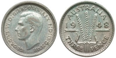 Австралия 3 пенса 1948 m, Георг VI (1937-1952), без букв, KM 37a серебро 71-224