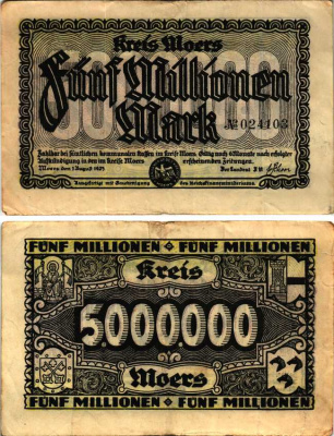 МЁРС 5000000 МАРОК 1923 НОТГЕЛЬД, 1 АВГУСТА 1923, ЗЕМЛЯ СЕВЕРНЫЙ РЕЙН-ВЕСТФАЛИЯ Keller 3593h бумага 6300-33-2-2