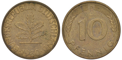 ФРГ 10 пфеннигов 1980 D KM 108, J 383 сталь плакированная латунью 25-1751