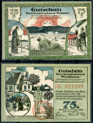 Германия, Бохум 75 пфеннигов 1920 нотгельд, осиротевшие семьи Li. 121, M 128.1 бумага UNC (пресс) 444-68-3-2