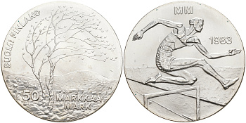 Финляндия 50 марок 1983 K-T, чемпионат мира по атлетике, бег с препятствиями KM 61 серебро UNC 1523-633