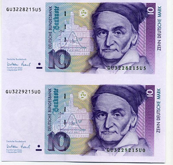 ФРГ 10 марок 1999 1 сентября 1999, Карл Фридрих Гаус, неразрезанные две боны Pick 38 d бумага UNC (пресс) 451-47-2
