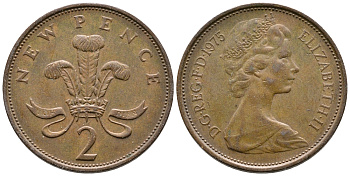 Великобритания 2 пенса 1975 Елизавета II (1952-2022) KM 916, Spink 4235 (C1) бронза 87-656